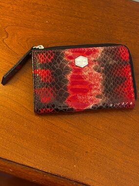 LODIS Red Black Snakeskin Embossed Zip Around Wallet  Clutch